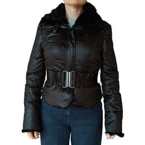 Bebe Black Puffer Jacket w/ Rabbit Fur Collar Belted Down Fill Size M